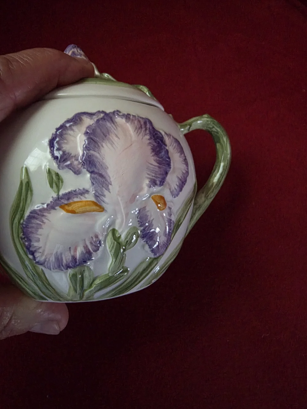 QVC White Ceramic Floral Sugar and Creamer Set with Purple Iris Accents